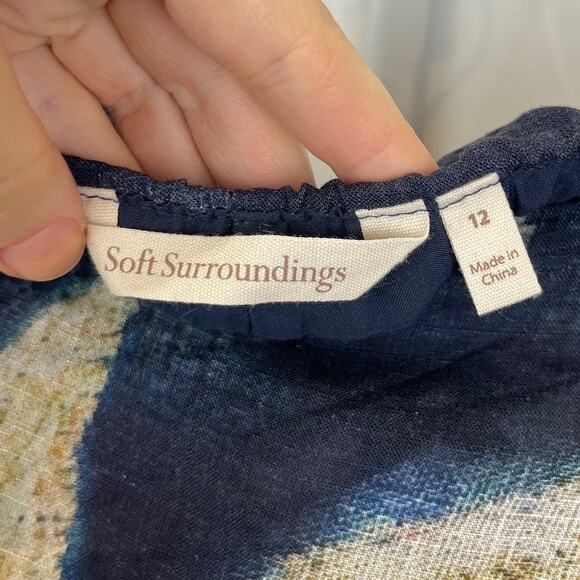 SOFT SURROUNDINGS  Size 12 Printed Wide Leg Wrap Crop Pants Rayon Linen Blue Tan - Picture 3 of 9